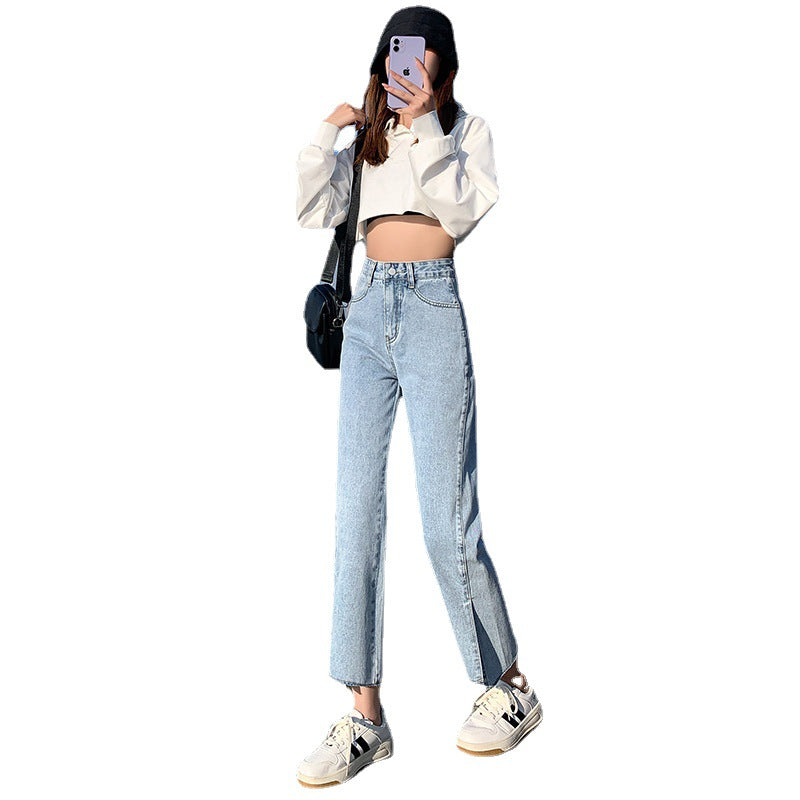 High-Waisted Wide-Leg Split Jeans Women's Straight Loose Loose Spring And Autumn Summer New MM Was Thin Split Trousers Urban Tide