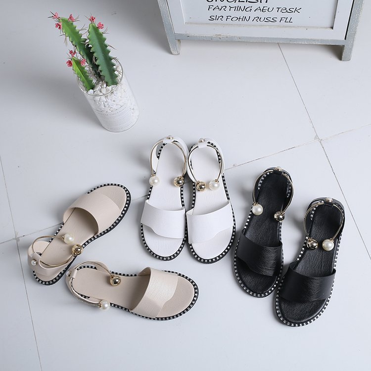 Flat-Bottomed Pearl Buckle Comfortable Sandals Korean Fashion Student Open-Toed Casual Women'S Shoes Trend