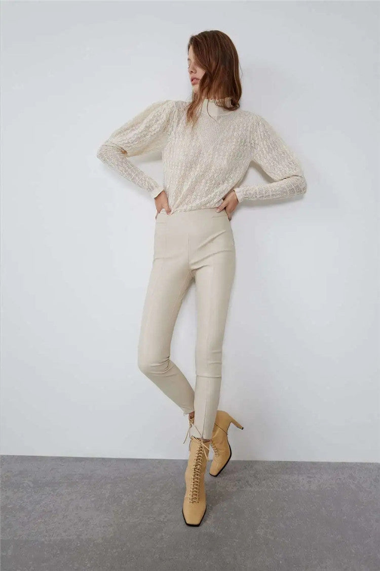 Women's  Autumn And Winter Tight Leg Revealing Leather Pants