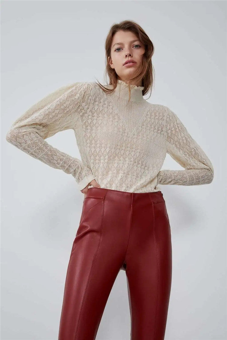 Women's  Autumn And Winter Tight Leg Revealing Leather Pants