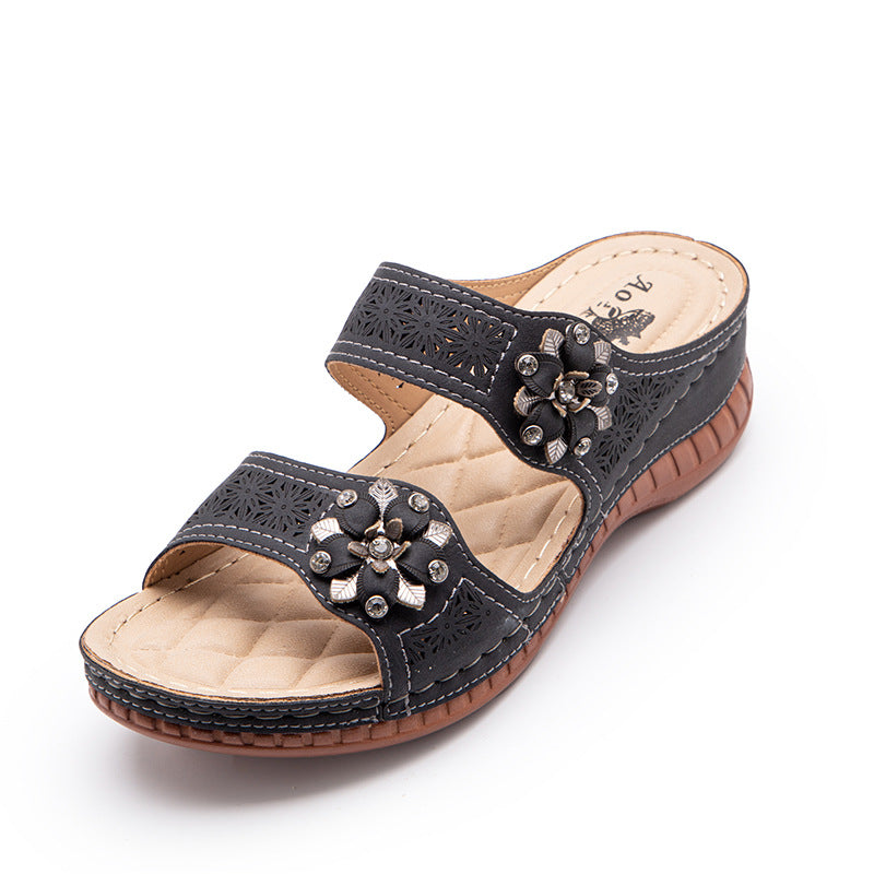 Retro Hollow Slope With Large Size Outer Sandals And Slippers