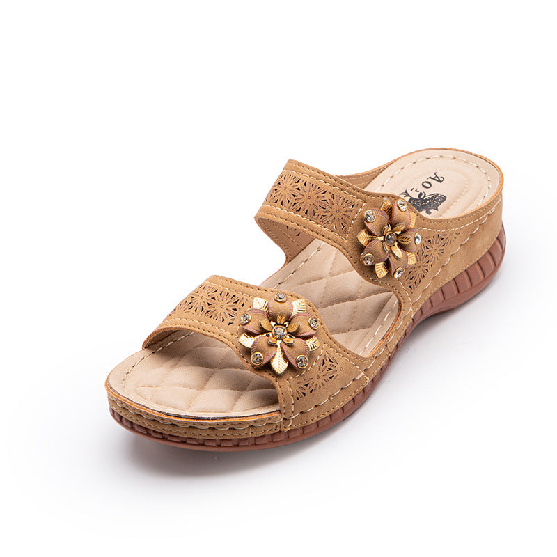Retro Hollow Slope With Large Size Outer Sandals And Slippers