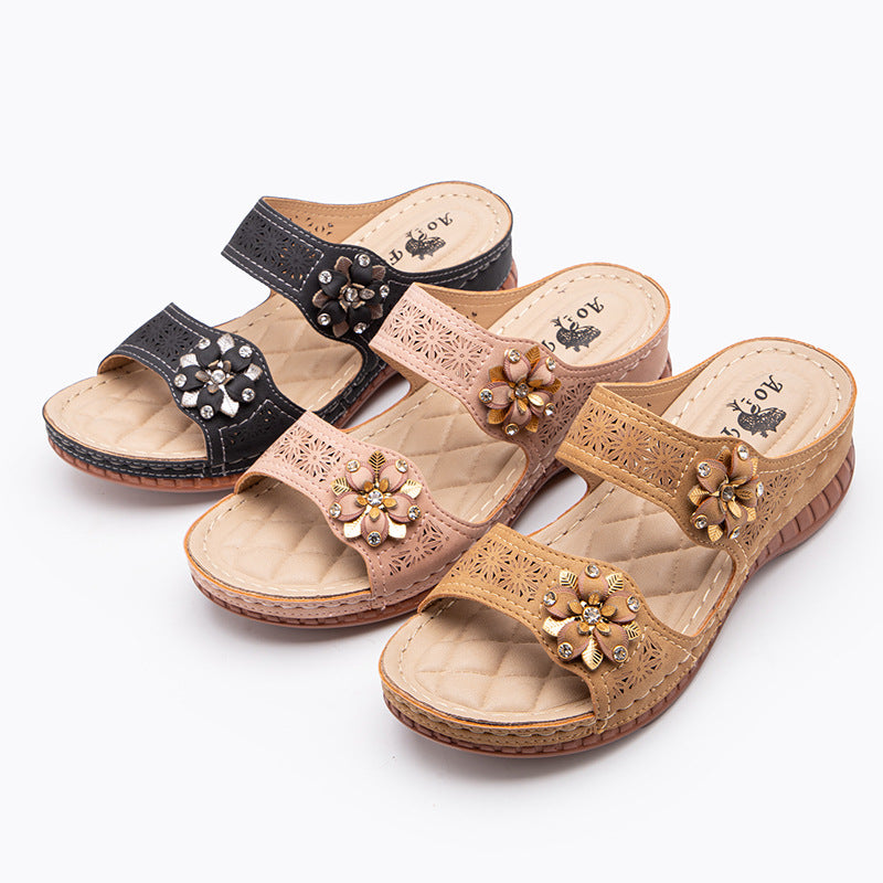 Retro Hollow Slope With Large Size Outer Sandals And Slippers