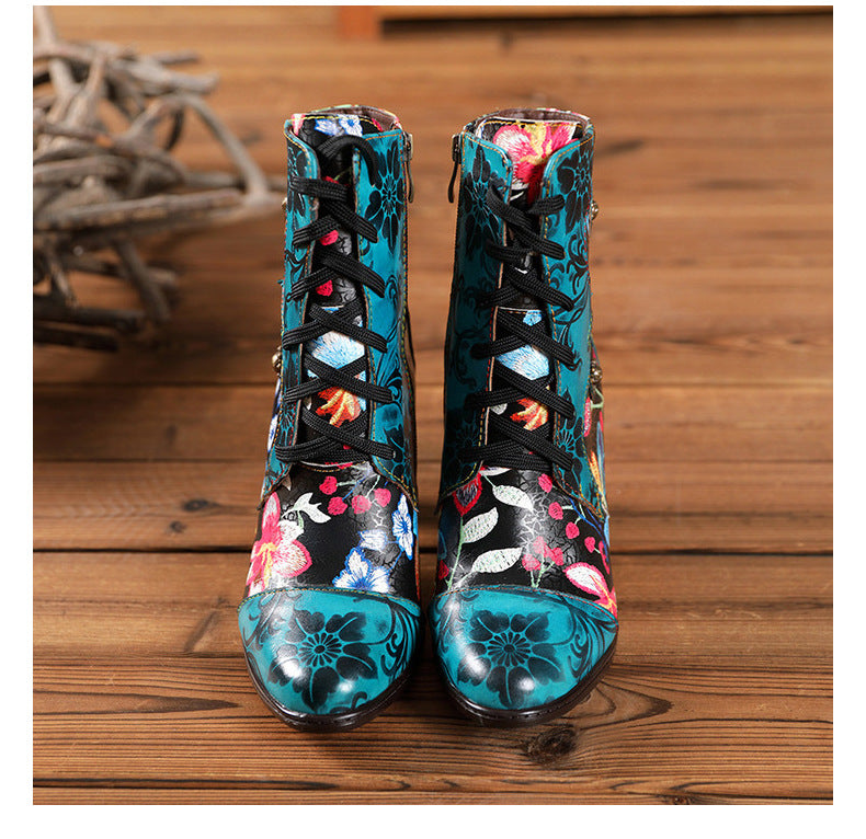 European And Beautiful Women Boots Autumn And Winter Fashion Ethnic Leather Handmade Retro Floral Shoes High-Heeled Boots