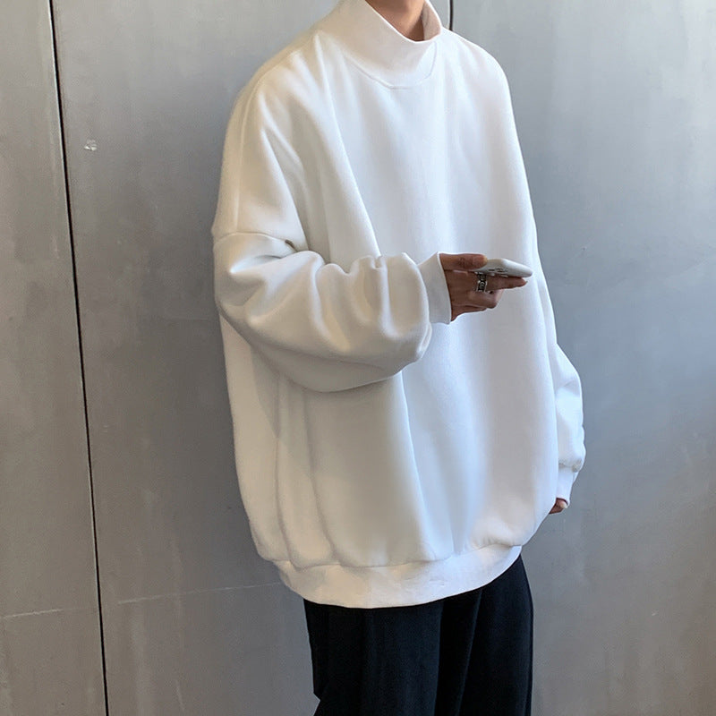 Plus Velvet Sweater Men's Tide Ins Hong Kong Style Loose Couple Wear Spring And Autumn Half High Collar Pink Hooded Top Autumn And Winter