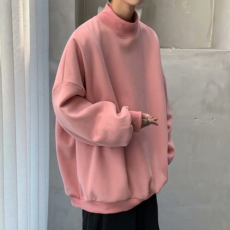 Plus Velvet Sweater Men's Tide Ins Hong Kong Style Loose Couple Wear Spring And Autumn Half High Collar Pink Hooded Top Autumn And Winter