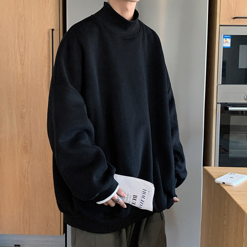Plus Velvet Sweater Men's Tide Ins Hong Kong Style Loose Couple Wear Spring And Autumn Half High Collar Pink Hooded Top Autumn And Winter