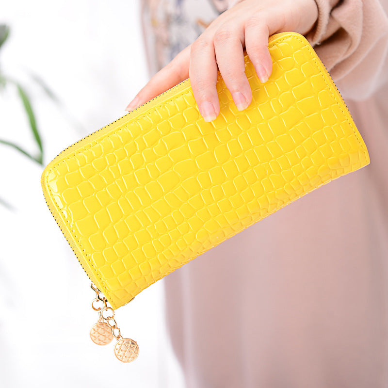 Qiman Poetry Wallet New Korean Version Of Double Zipper Ladies Large Capacity Long Wallet Patent Leather Change Mobile Phone Clutch