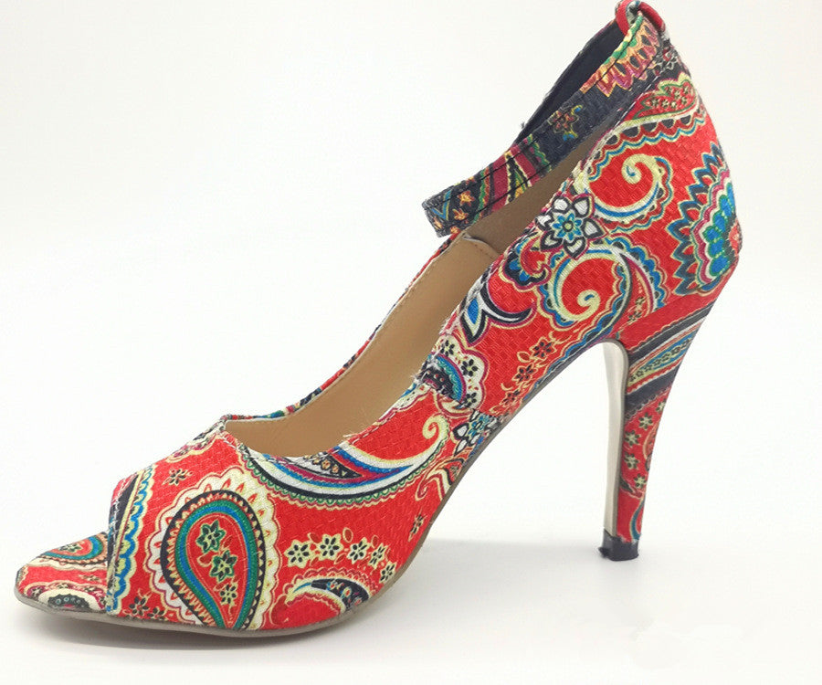 Foreign Trade New High Heeled Shoes Large Size Sandals Ethnic Printing Fish Mouth Shoes One Word Buckle  High Heeled Women'S Sandals