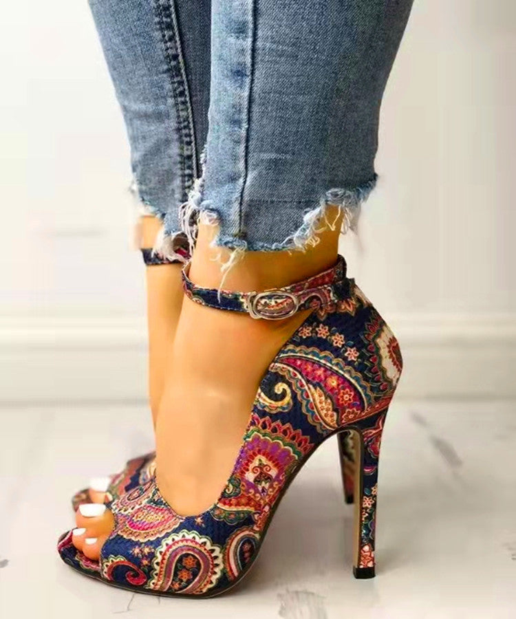 Foreign Trade New High Heeled Shoes Large Size Sandals Ethnic Printing Fish Mouth Shoes One Word Buckle  High Heeled Women'S Sandals