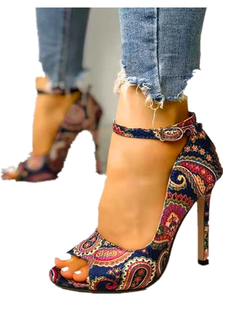 Foreign Trade New High Heeled Shoes Large Size Sandals Ethnic Printing Fish Mouth Shoes One Word Buckle  High Heeled Women'S Sandals