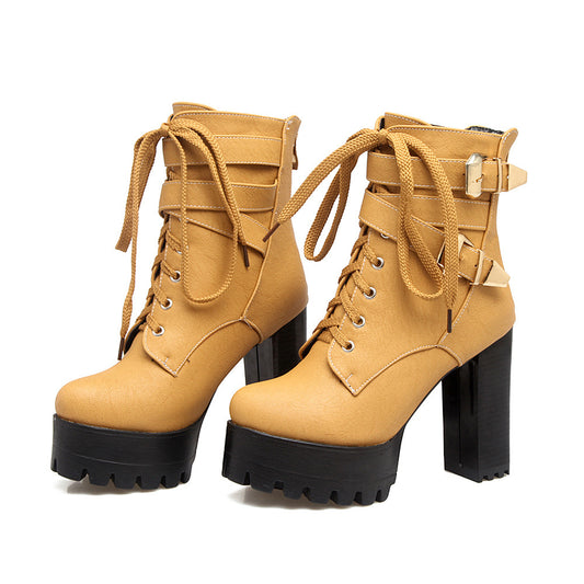 New European And American Foreign Trade Belt Buckle, Front Ties, Back Zipper, Thick Heel Waterproof Platform Large Size Women'S Shoes