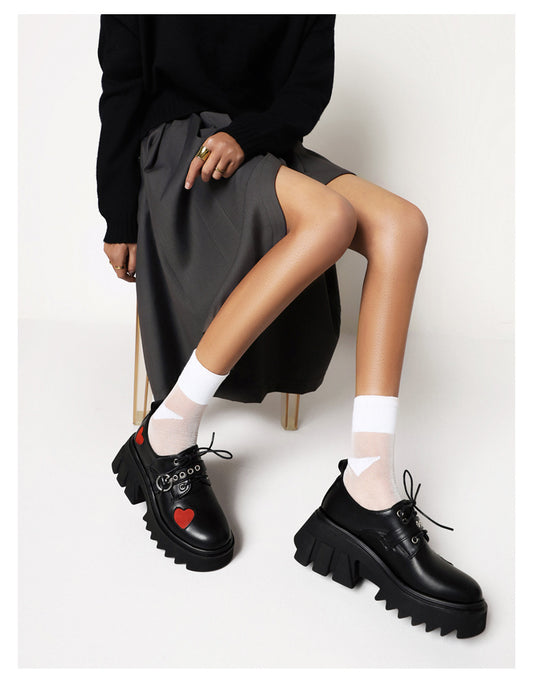 Spring And Autumn Retro Thick-Soled Women'S Shoes Single Shoes High-Heeled Patent Leather Lace Up Muffin Small Leather Shoes Women