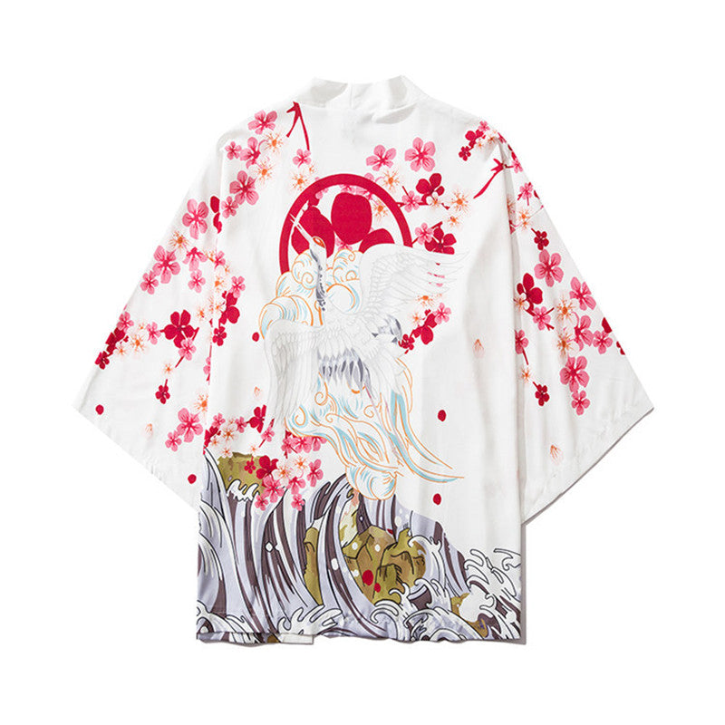 World Painted Crane Three-quarter Sleeve Robe Hanfu Cloak Shirt For Men And Women