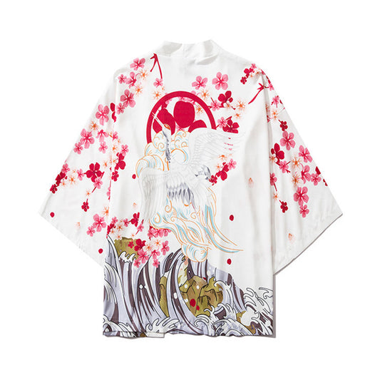 World Painted Crane Three-quarter Sleeve Robe Hanfu Cloak Shirt For Men And Women