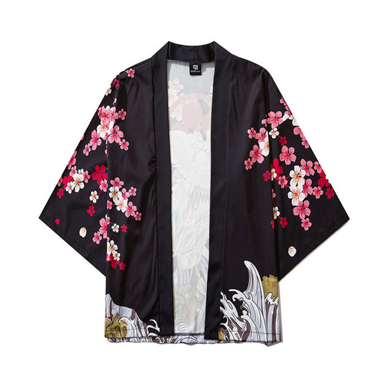 World Painted Crane Three-quarter Sleeve Robe Hanfu Cloak Shirt For Men And Women