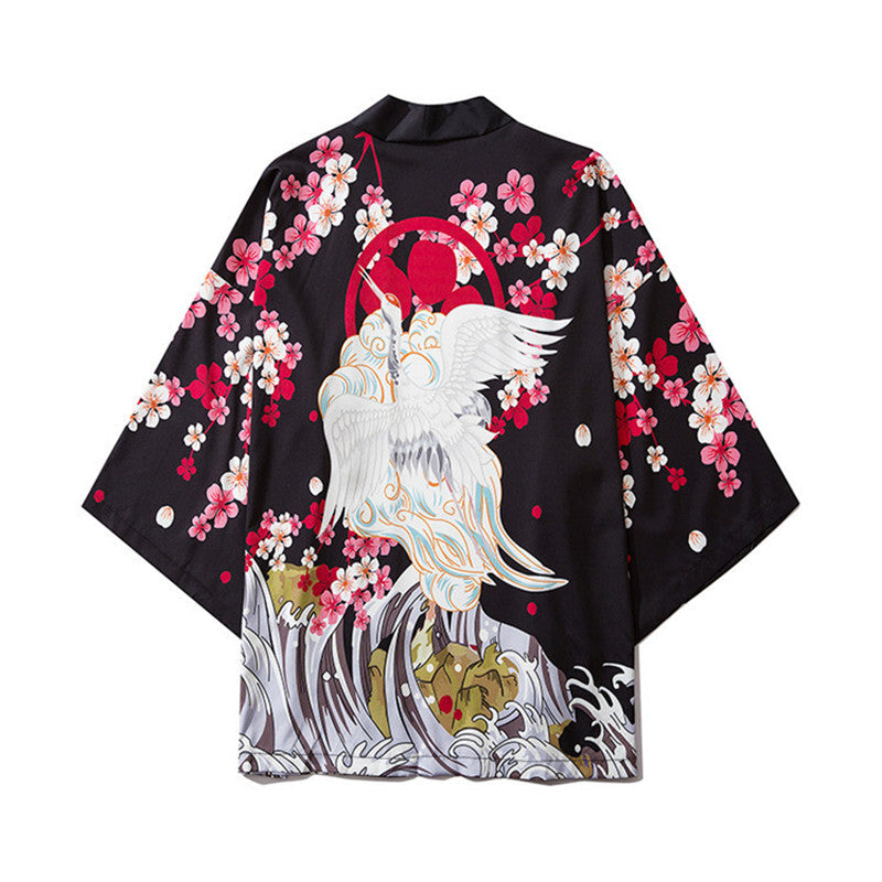 World Painted Crane Three-quarter Sleeve Robe Hanfu Cloak Shirt For Men And Women