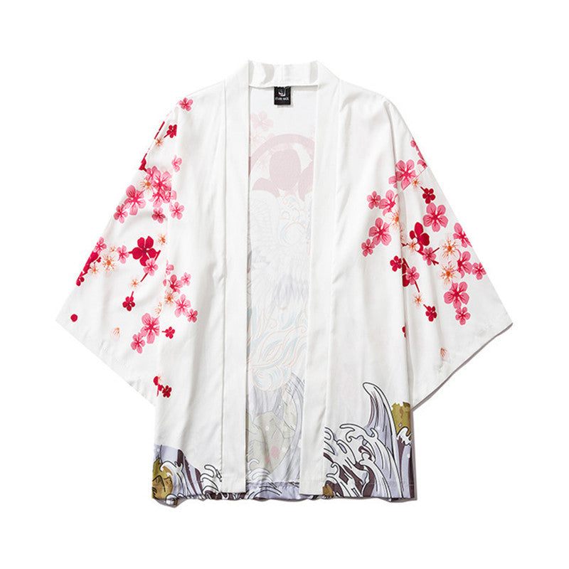 World Painted Crane Three-quarter Sleeve Robe Hanfu Cloak Shirt For Men And Women