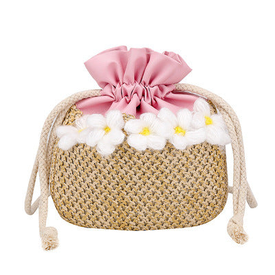 New Female Net Red Flower Drawstring Simple And Fashionable Straw Single Shoulder Messenger Female Bag