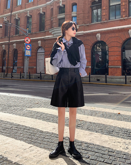 PU leather Shorts Women's Wide-leg Pants Autumn And Winter New Style Outer Wear Elastic Waist Five-point Leather Pants