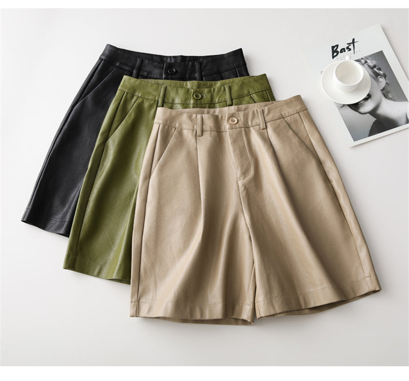 PU leather Shorts Women's Wide-leg Pants Autumn And Winter New Style Outer Wear Elastic Waist Five-point Leather Pants