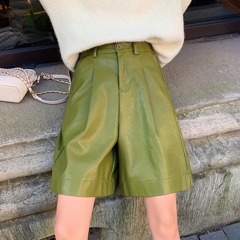 PU leather Shorts Women's Wide-leg Pants Autumn And Winter New Style Outer Wear Elastic Waist Five-point Leather Pants
