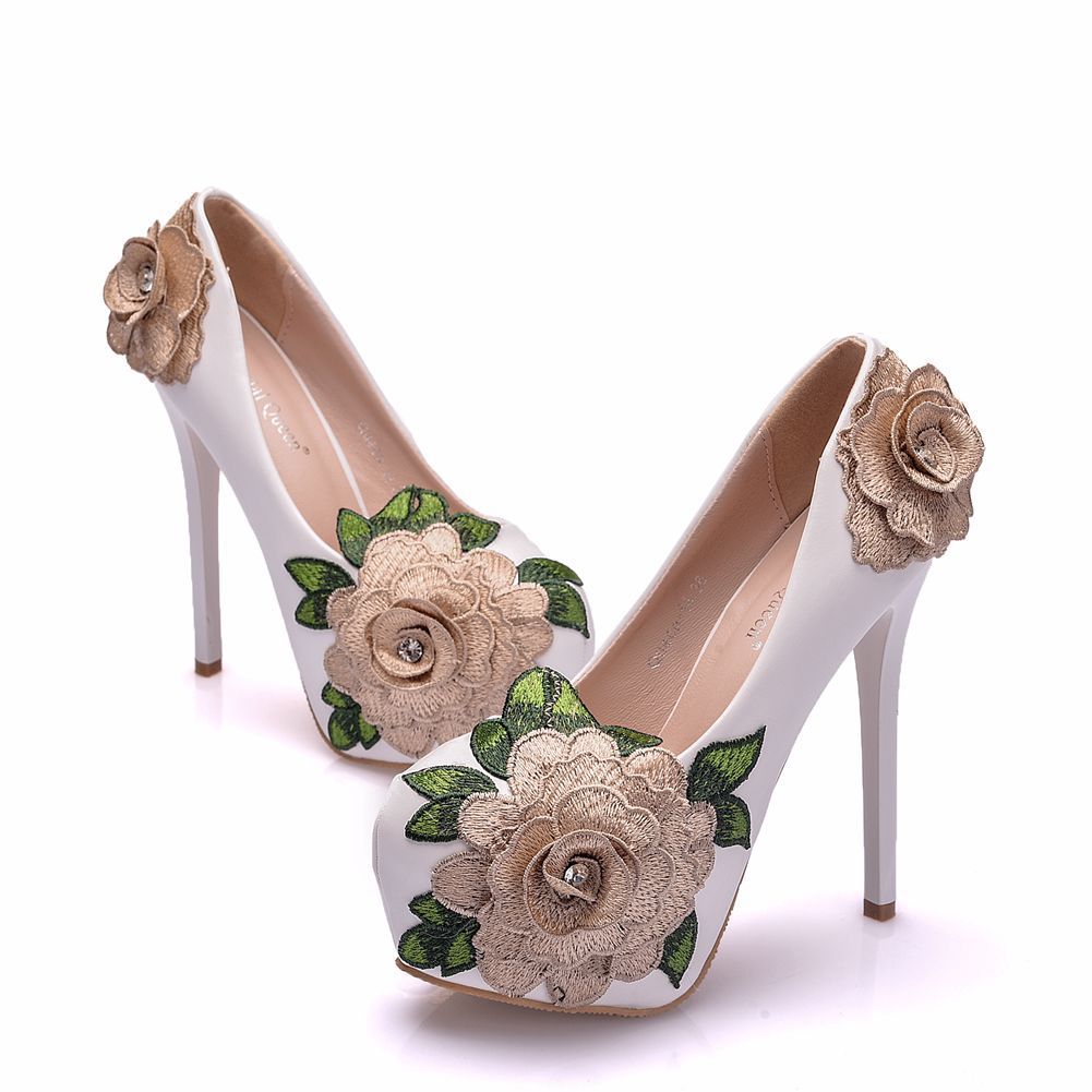 14 Cm High Heels Mikhaki Big Flower Banquet High Heels Stiletto Round Toe Waterproof Platform Single Shoes Foreign Trade Large Size