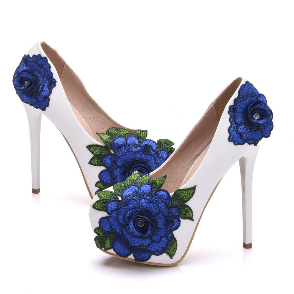 14 Cm High Heels Mikhaki Big Flower Banquet High Heels Stiletto Round Toe Waterproof Platform Single Shoes Foreign Trade Large Size