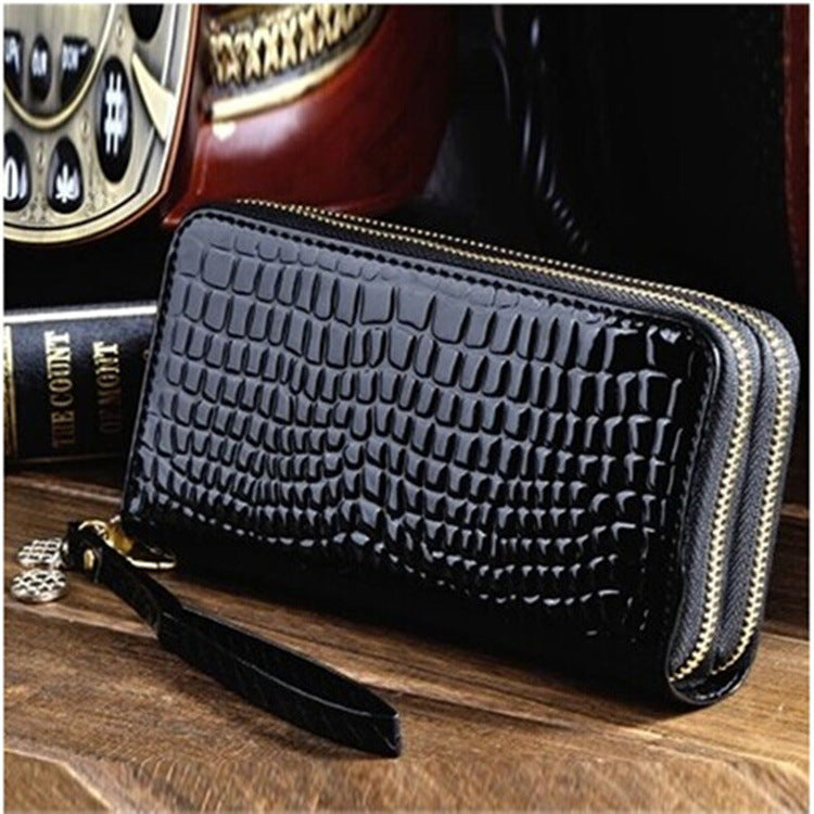 Qiman Poetry Wallet New Korean Version Of Double Zipper Ladies Large Capacity Long Wallet Patent Leather Change Mobile Phone Clutch