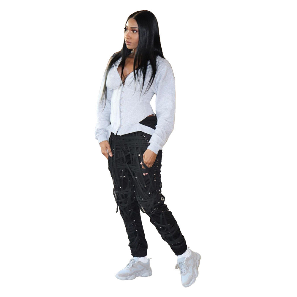 European And American Fashion Women'S Fashion Dark Belt Pants