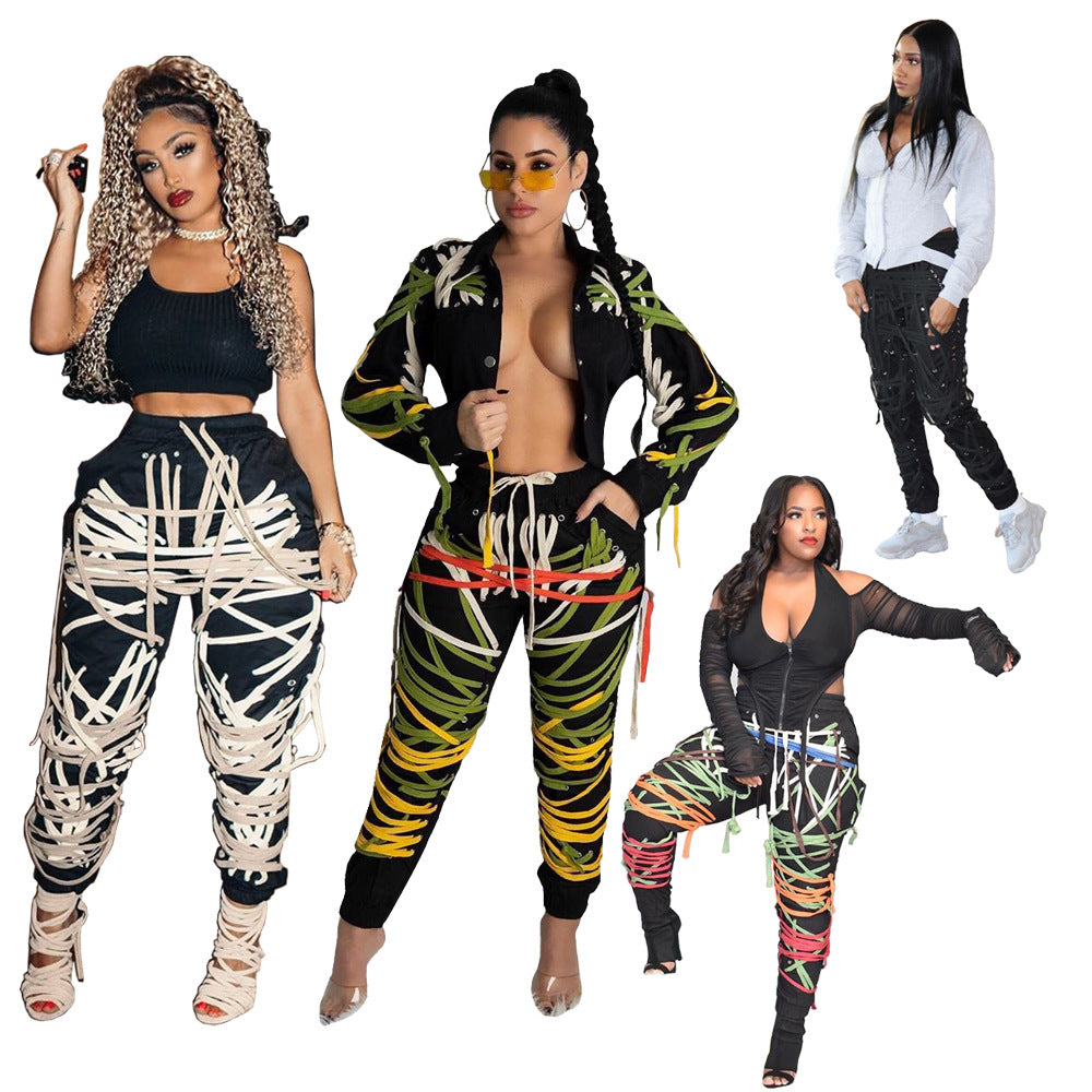 European And American Fashion Women'S Fashion Dark Belt Pants