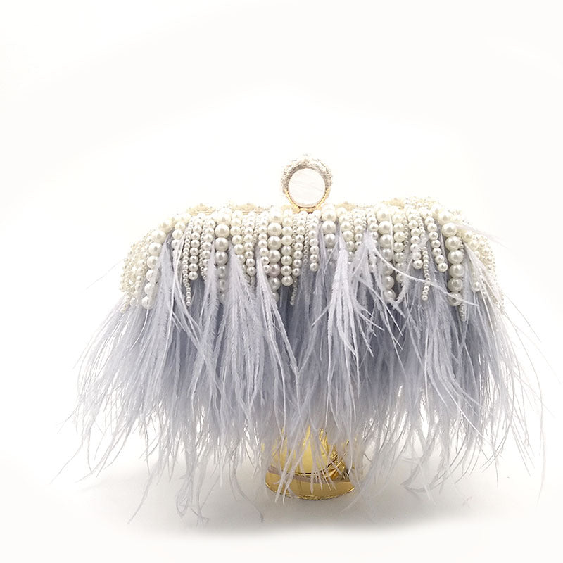 Niche Trendy Brand Ostrich Hair Bag Fashion Evening Dress Banquet Catwalk Clutch Bag Shoulder Diagonal Chain Pearl