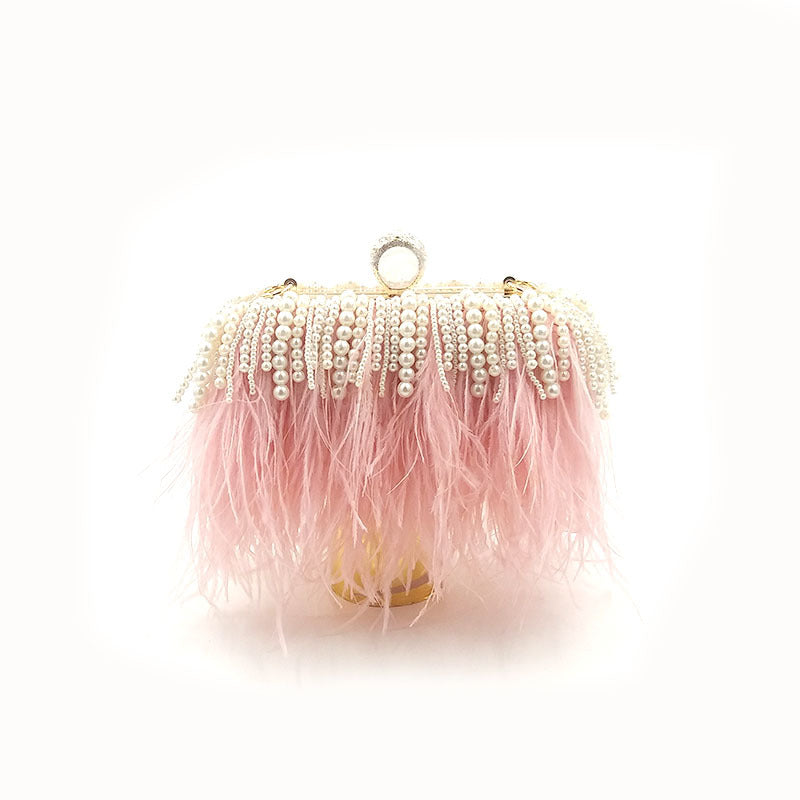 Niche Trendy Brand Ostrich Hair Bag Fashion Evening Dress Banquet Catwalk Clutch Bag Shoulder Diagonal Chain Pearl
