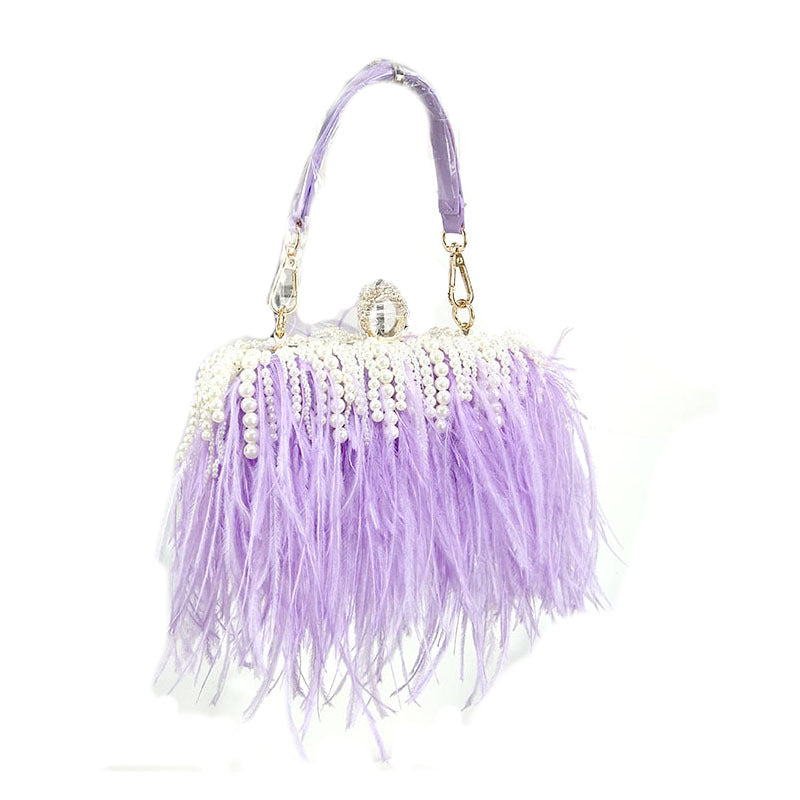 Niche Trendy Brand Ostrich Hair Bag Fashion Evening Dress Banquet Catwalk Clutch Bag Shoulder Diagonal Chain Pearl