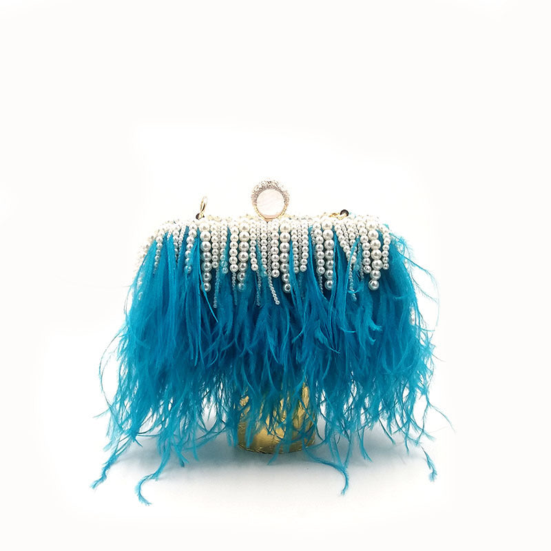 Niche Trendy Brand Ostrich Hair Bag Fashion Evening Dress Banquet Catwalk Clutch Bag Shoulder Diagonal Chain Pearl