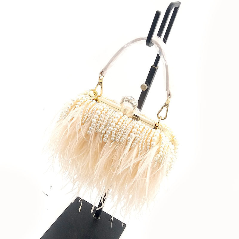 Niche Trendy Brand Ostrich Hair Bag Fashion Evening Dress Banquet Catwalk Clutch Bag Shoulder Diagonal Chain Pearl
