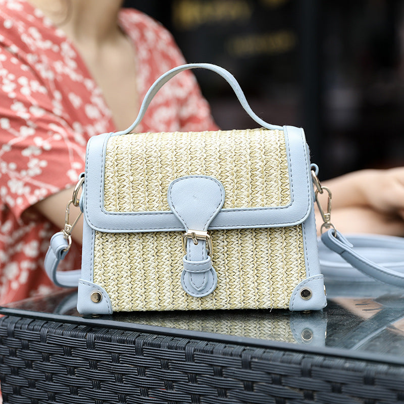 Straw Box Single-Shoulder Diagonal Women'S Bag Hit Color Lock Buckle Casual Fashion Clamshell Custom Bag
