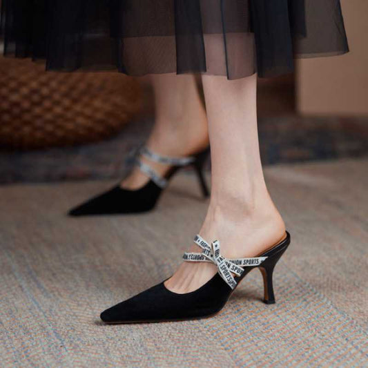Women'S Shoes Soft Leather Comfortable Single Shoes Four Seasons Shoes Mary Jane Women'S Shoes Muller Slippers Pointed Toe Baotou