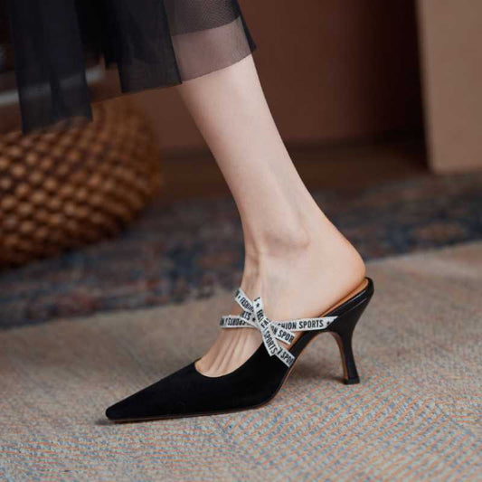 Women'S Shoes Soft Leather Comfortable Single Shoes Four Seasons Shoes Mary Jane Women'S Shoes Muller Slippers Pointed Toe Baotou