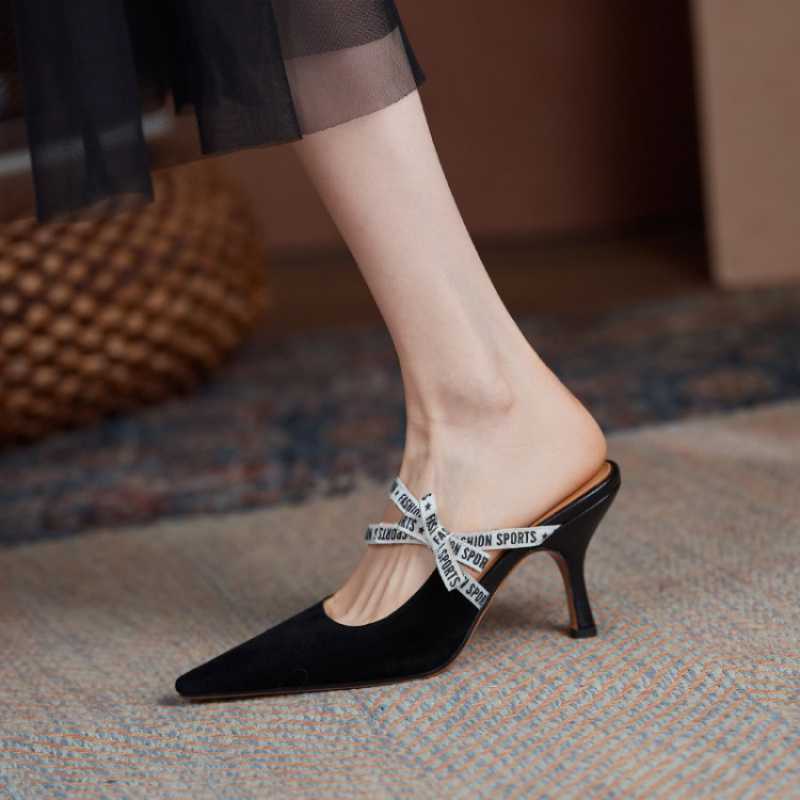 Women'S Shoes Soft Leather Comfortable Single Shoes Four Seasons Shoes Mary Jane Women'S Shoes Muller Slippers Pointed Toe Baotou