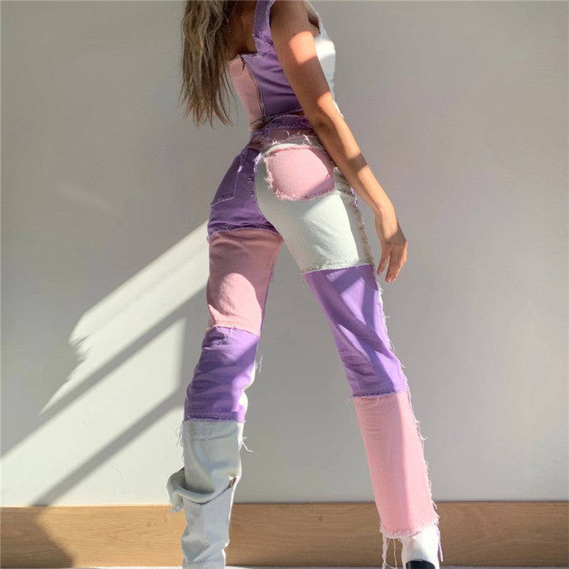Sommer Kvinders Nye Højtaljede Farvematchende Slanke Street Fashion All-Match Slim Jeans