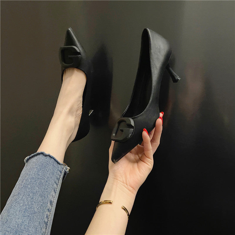 New Style Square Buckle Temperament Mid-Heel Pointed Shallow Shoes
