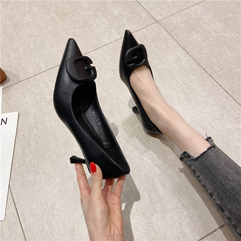 New Style Square Buckle Temperament Mid-Heel Pointed Shallow Shoes