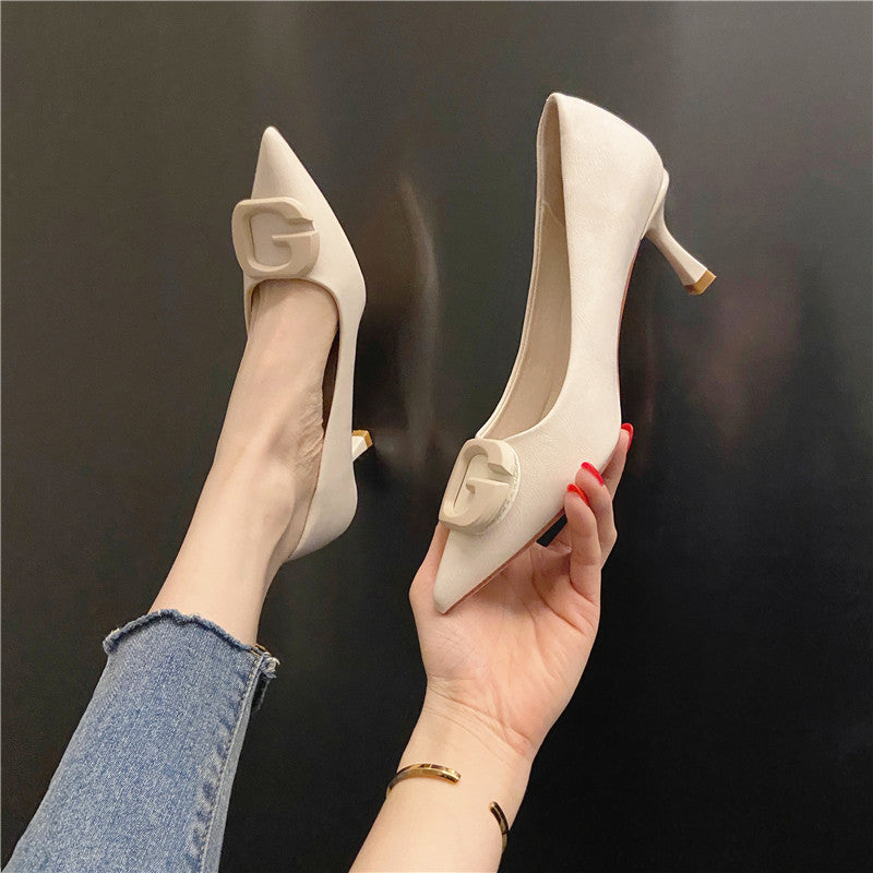 New Style Square Buckle Temperament Mid-Heel Pointed Shallow Shoes