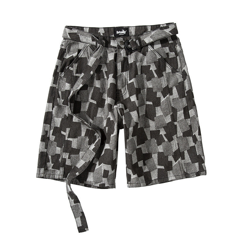 European And American High Street Ins Washed Blue Plaid Straight Loose Five-Point Denim Shorts