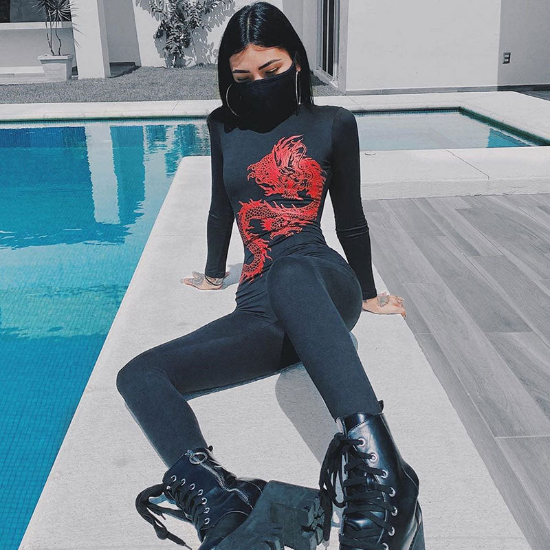 Autumn New Women's Casual Retro Street Dragon Print Fashion Sports Jumpsuit