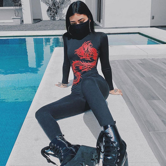 Autumn New Women's Casual Retro Street Dragon Print Fashion Sports Jumpsuit
