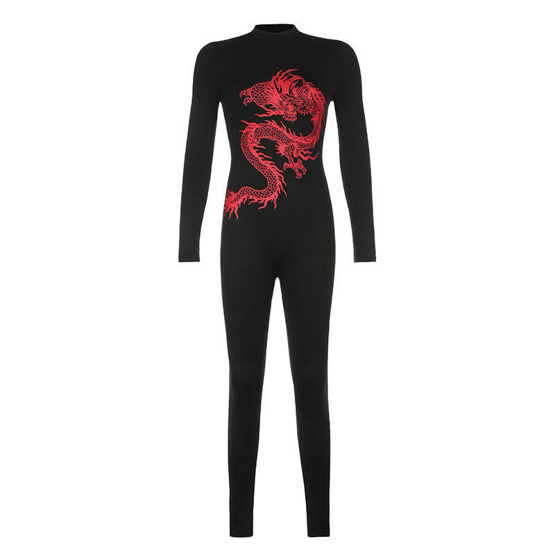Autumn New Women's Casual Retro Street Dragon Print Fashion Sports Jumpsuit
