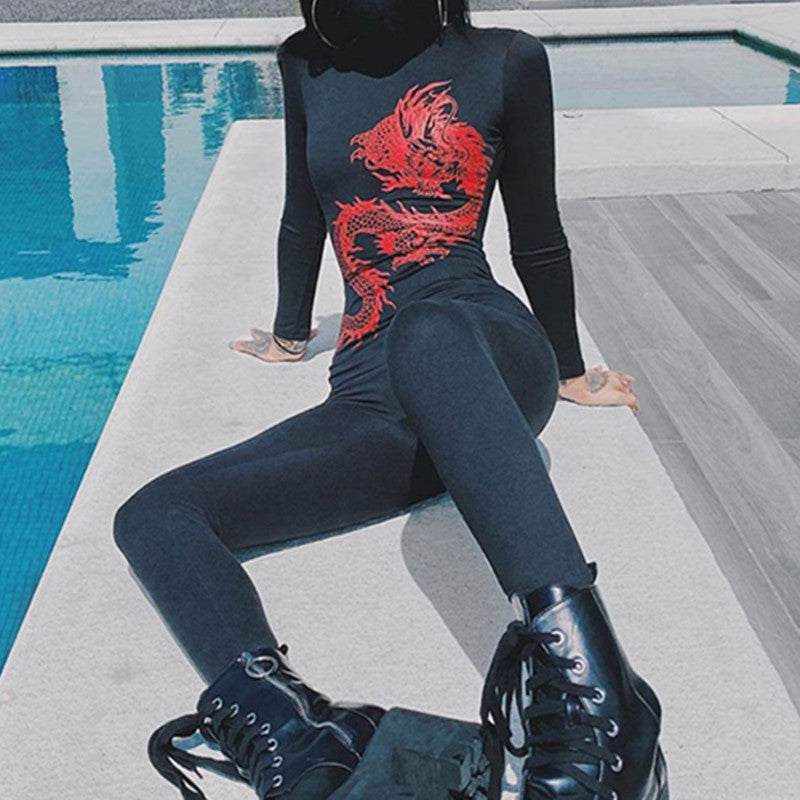 Autumn New Women's Casual Retro Street Dragon Print Fashion Sports Jumpsuit
