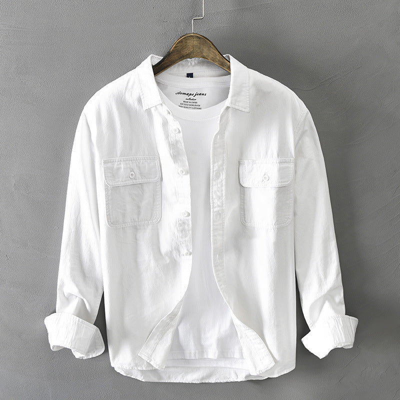 Hong Kong Style Trendy Handsome Loose White Shirt Men'S Long-Sleeved Cotton Casual Top Clothes Fashionable Handsome All-Match Shirt